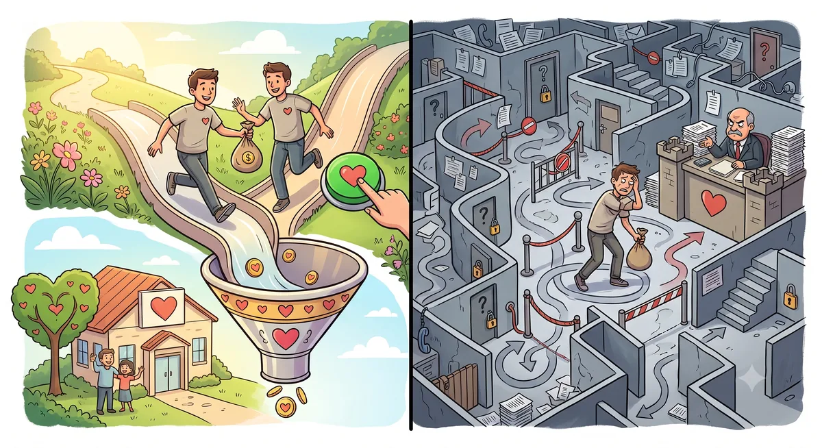 Illustration: on the left, donating is made effortless with a green heart button; on the right, a donor is stuck in a grey maze of forms and locked doors trying to cancel the donation