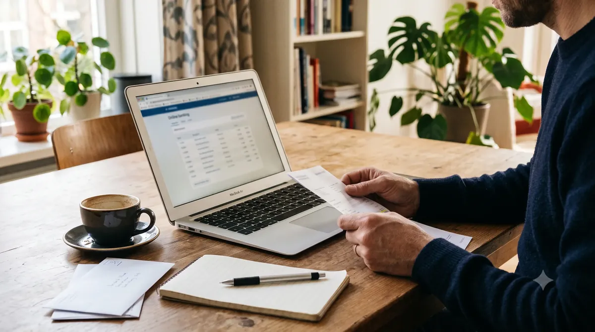 Iemand controleert thuis een bankafschrift naast een laptop met internetbankieren, om een automatische incasso stop te zetten