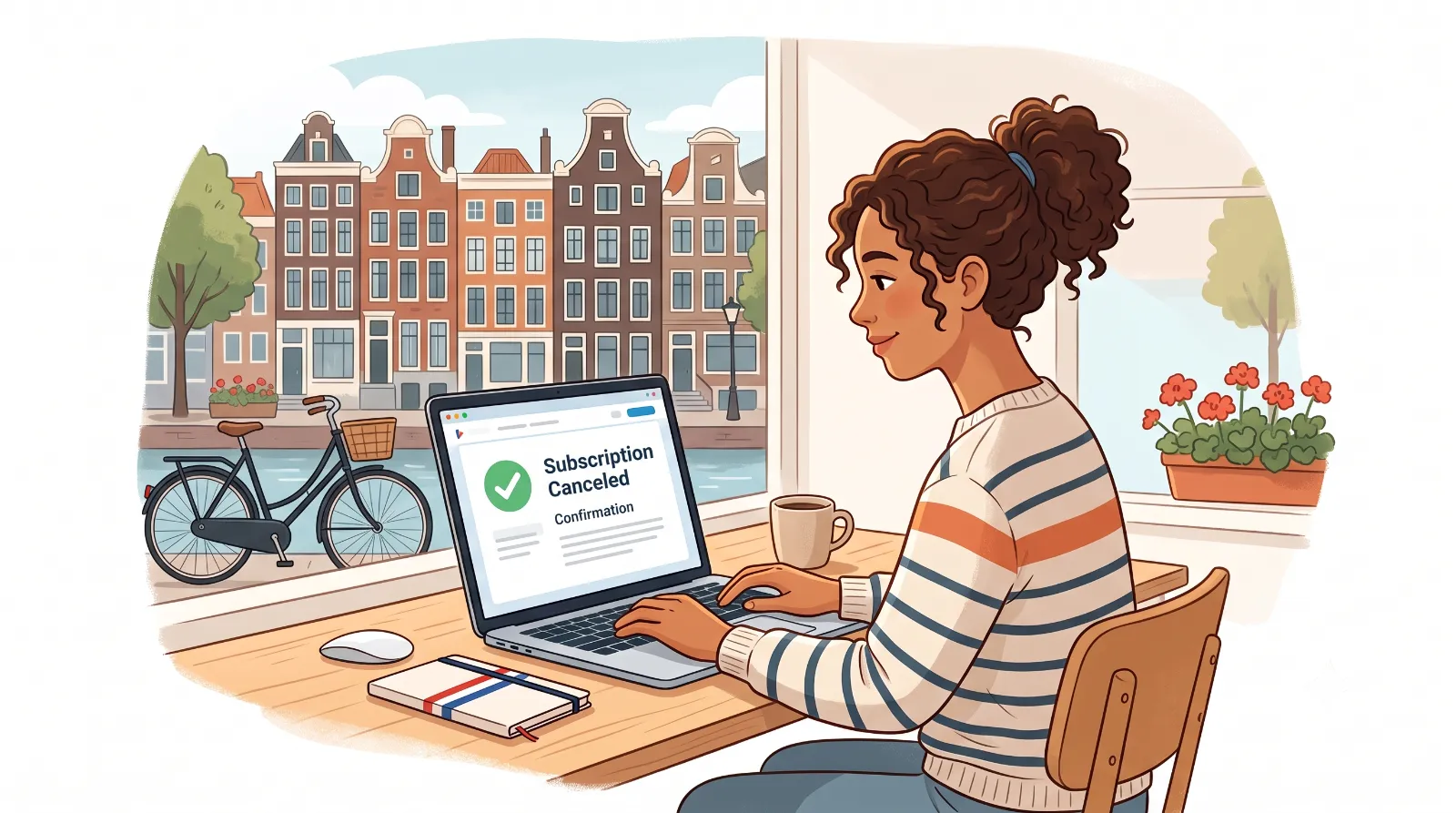 A young woman sits behind a laptop and the screen shows that a subscription is canceled